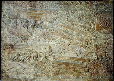 Fát szállító hajókat ábrázoló dombormű a II. Sargon palotából, Khorsabad, Irak alkotó: Assyrian