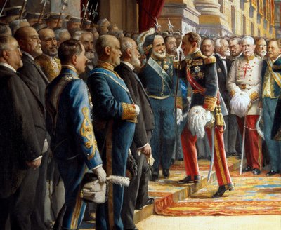 A Cortes megnyitása a szenátusban, részlet XIII. spanyol Alfonso (1886-1941) köszönti Antonio Maura y Montanert (1853-1925), amikor belép a szenátusba, 1920. június 24-én. alkotó: Asterio Mañanós Martínez