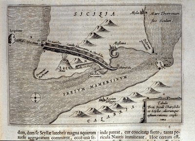 Charybde” és „Scylla” térképészeti ábrázolása Messina Detroitjában, Szicília”” Metszet a „Mundus Subterraneus”-ból”, Athanasius Kircher (1601-1680), jezsuita, orientalista és tudós 1682-ben alkotó: Athanasius Kircher