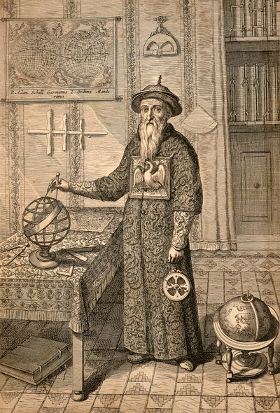 Johann Adam Schall von Bell (1591-1666) jezsuita, Ferdinand Verbiest elődje, a nankingi Ming-dinasztia udvarának csillagásza, mandarin jelmezt viselő, Kínából származó monumentis alkotó: Athanasius Kircher
