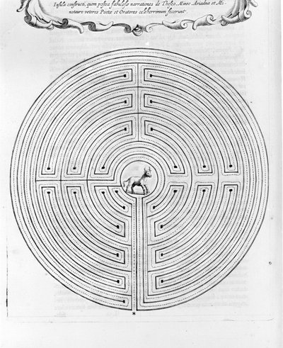 A Dedale által tervezett Cnossos labirintus - Középen a minotaurusz - Athanase Kircher "Turris Babel" - Amszterdam alkotó: Athanasius Kircher