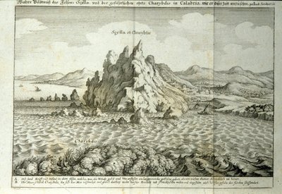 Kilátás „Charybde” és „”Scylla”” szikláira Messina Detroitjában, Szicília”” Metszet a „Mundus Subterraneus”-ból, Athanasius Kircher (1601-1680), jezsuita, orientalista és tudós 1682-ben alkotó: Athanasius Kircher