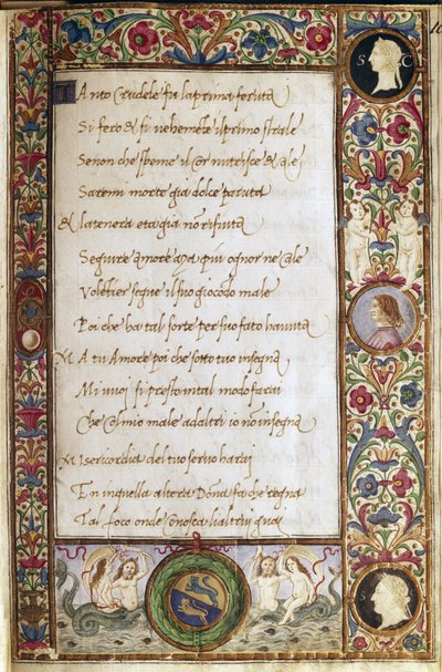 Oldal Francesco Petrarca (Petrarca) (1304-1374) "Il canzoniere" című kéziratából, amelyet Attavante dei Attavanti (1452-1525) illuminált (ms. cl.VIII.684) 15. század Dim. 19 x 12,7 cm Firenze, Nemzeti Könyvtár alkotó: Attavante di Gabriello di Vanti di Bartolo
