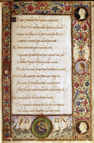 Oldal Francesco Petrarca (1304-1374) "Il Canzoniere" című művének kéziratából. Attavante degli Attavanti (1452-1525) miniatúrája, Nemzeti Könyvtár, Firenze. alkotó: Attavante di Gabriello di Vanti di Bartolo