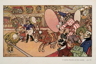 Cirkusz és a szamár Pinokkió, illusztráció a Pinokkióból alkotó: Attilio Mussino