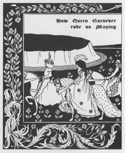Arthur-legenda: „” Queen Guenievre Május királynője”” Metszet Sir Thomas Malory „” The Morte of Arthur”-ba, Aubrey Beardsley (1872-1898) által illusztrált kiadás, 1893-1894 (Arthuriai legenda: Queen Guenever (Guinevere) május , illusztrációja Aubrey Beard alkotó: Aubrey Beardsley
