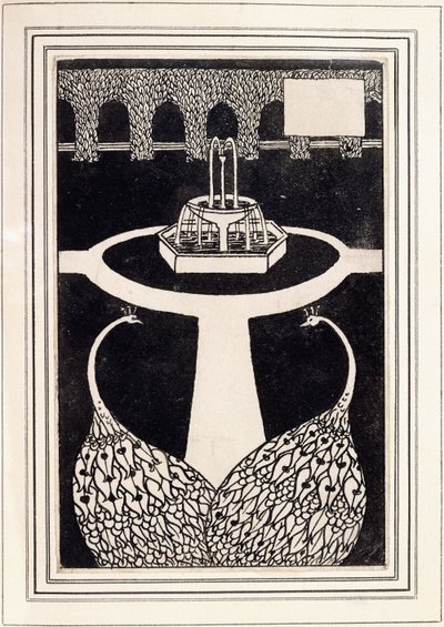 Két pávát ábrázoló fejezetcím egy kertben szökőkúttal, 1893/4. alkotó: Aubrey Beardsley