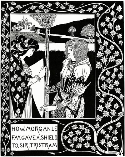Hogyan adott Morgan le Fay pajzsot Sir Tristramnak, illusztráció Sir Thomas Malory „Le Morte d