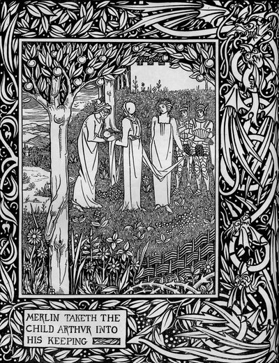 Merlin elviszi a gyermeket, Arthurt az őrségébe, c1893 alkotó: Aubrey Beardsley