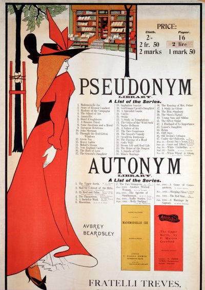 Az "Álnév- és autonim könyvtárak" plakátja (színes litográfia) alkotó: Aubrey Beardsley