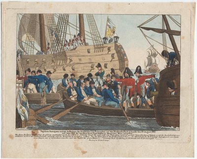 8-án Bonaparte Napóleont az angolok foglyaként hozzák a Bellerophonból Northumberlandbe. alkotó: August Friedrich Andreas Campe