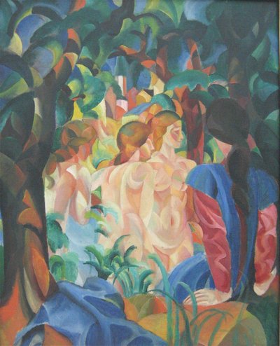 Fürdőző lányok a város háttérében alkotó: August Macke