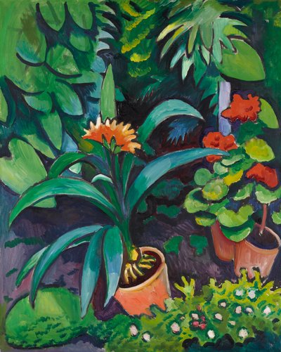 Virágok a kertben, klíviák és muskátlik alkotó: August Macke