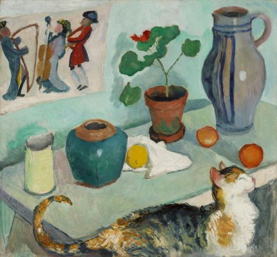 A szellem a ház padján: csendélet macskával alkotó: August Macke