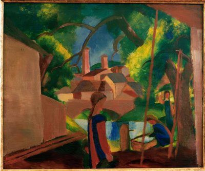 Gyerekek a szökőkútnál, várossal a háttérben alkotó: August Macke
