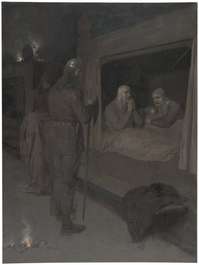 Njal, Bergthora és Thord Karisson úgy döntenek, hogy élve elégetik magukat. Illusztráció a Njál-sagához, 129. fejezet alkotó: August Malmström