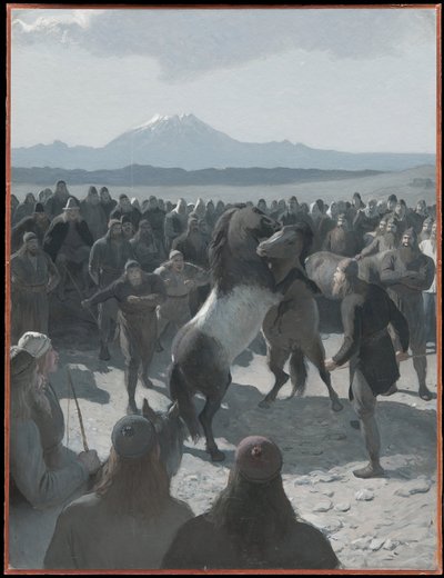Lóviadal Hlíðarendinél. Illusztráció a Njál-sagához, 59. fejezet alkotó: August Malmström