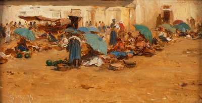 Magyar piac kék esernyőkkel alkotó: August von Pettenkofen