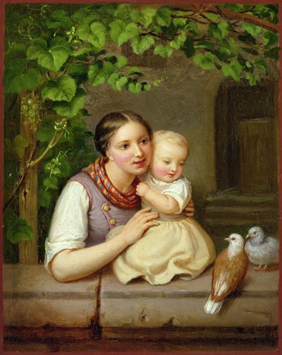 Anya gyermekével és két galambbal (olaj, réz) alkotó: August von der Embde