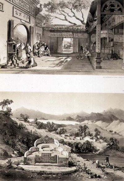 A makaói Nagy Templom, valamint a Hong Kong- és Cowloon-öböl közötti sír és falu belső képe, 8. és 7. tábla a „Sketches of China”-ból, Eugene Ciceri (1813-90) metszetében, 1842 (színezett litho) alkotó: Auguste (after) Borget