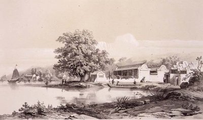 Mandarin háza a Makaó-Kanton csatornán, 20. tábla a „Sketches of China”-ból, metszett: Eugene Ciceri (1813-90) 1842 (színezett litó) alkotó: Auguste (after) Borget