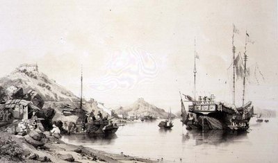 Makaó partjai dagálykor, 12. tábla a "Sketches of China" című műből, metszette Eugene Ciceri (1813-90) 1842 (színezett litográfia). alkotó: Auguste (after) Borget
