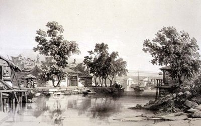 Honan temploma és csatorna, 29. tábla a „Sketches of China”-ból, vésette Eugene Ciceri (1813-90) 1842 (színezett litho) alkotó: Auguste (after) Borget