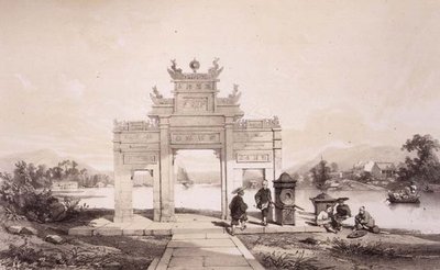 Diadalív a Makaó-Kanton csatornán, 19. tábla a "Sketches of China"-ból, metszett: Eugene Ciceri (1813-90) 1842 (színezett litho) alkotó: Auguste (after) Borget