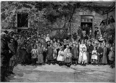 Victor Hugo (1802-1885) Veules en Caux (Veules-en-Caux) szegény gyermekeivel, akiknek lakomát ajánlott fel 1882. szeptember 24-én. Gerardin metsze a „” Le Monde Illustré” 1333. számában, 14. 1882. október. alkotó: Auguste (after) Gerardin
