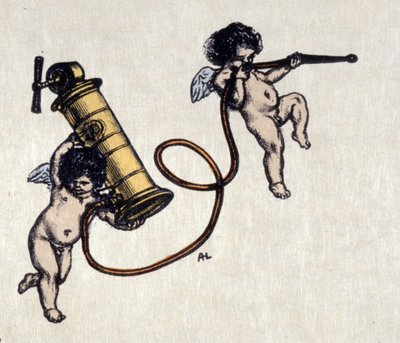A clystere örömei. Két angyal, akik beöntő pumpát viselnek. Auguste Leroux (1871-1954) illusztrációja. alkotó: Auguste (after) Leroux