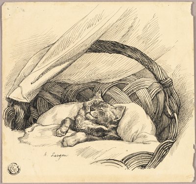 Macska alszik a kosárban alkotó: Auguste Andre Lancon