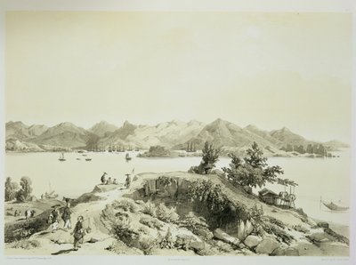 A hongkongi öböl és sziget, 4. tábla a „Sketches of China”-ból, Eugene Ciceri (1813-90) metszet, 1842 (színezett litho) alkotó: Auguste Borget