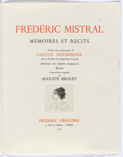 Frédéric Mistral: Mémoires et Recits by Frédéric Mistral: címlap, női mellszobor profilban alkotó: Auguste Brouet