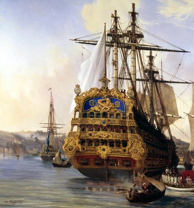 A „le foudroyant” hajó Brest kikötőjében 1724-ben” Részlet. Auguste Mayer (1805-1890) festménye 1724 Brest, Szépművészeti Múzeum – A „Le Foudroyant”” hajó Brest kikötőjében alkotó: Auguste Etienne Francois Mayer