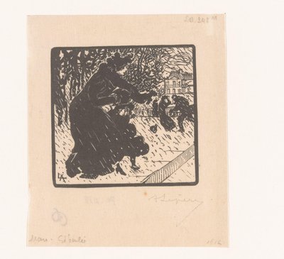Nő és gyermek egy esőzuhanyban Giboulées Luxembourgban Mars Giboulée (cím az objektumon) 1894. január, február és március (sorozat címe) Janvier, Février et Mars 1894 (sorozat címe) alkotó: Auguste Lepère (signed by artist)