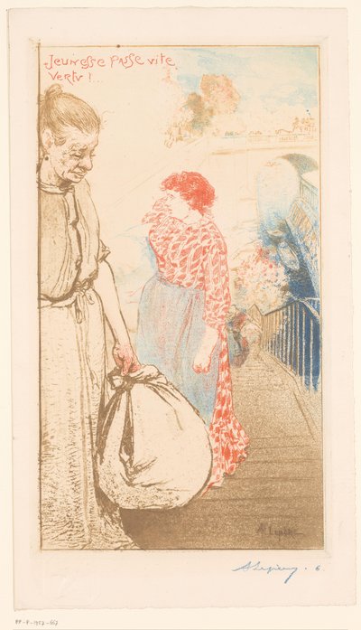 Mosók a Szajna menti lépcsőn Jeunesse passe vite vertu! (cím a tárgyon) alkotó: Auguste Lepère (signed by artist)