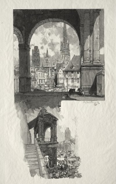 Illusztrált Rouen: Place de la Haute Vieille Tour; Aedicule of Pride alkotó: Auguste Louis Lepère