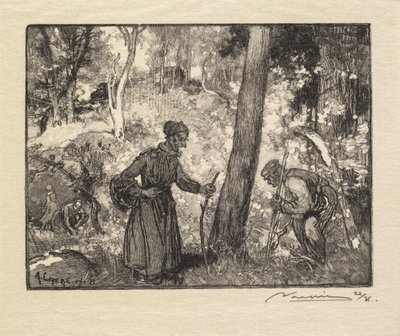 Fontainebleau-i erdő: Gombavadászok a Rocher Bernard La Forêt de Fontainebleau-ban..., 1890. alkotó: Auguste Louis Lepère