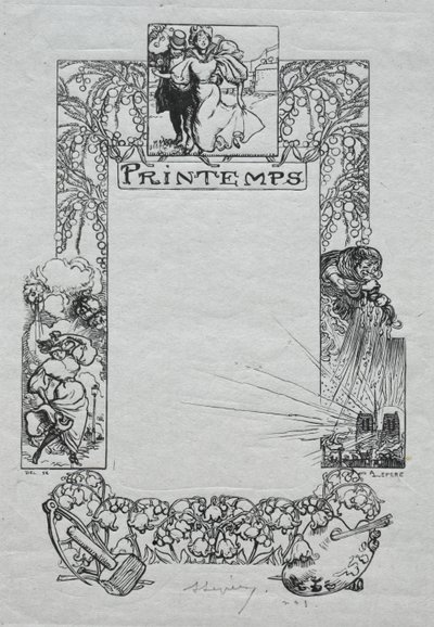 Párizsi Almanach, 1897: Díszítő szegély, tavasz alkotó: Auguste Louis Lepère