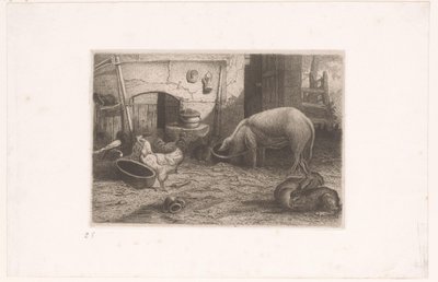 Sertés, csirkék és nyulak egy istállóban alkotó: Auguste Numans (attributed to)
