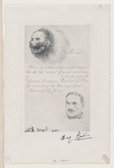 Hozzájárulási elismervény a Párizsi Különleges Amerikai Kórháztól az arc és ..., 1916. alkotó: Auguste Rodin