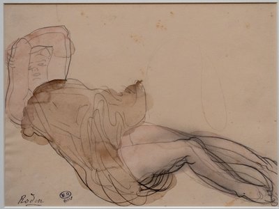 Fekvő nő, félmeztelenül, a feje mögött keresztbe tett karokkal alkotó: Auguste Rodin