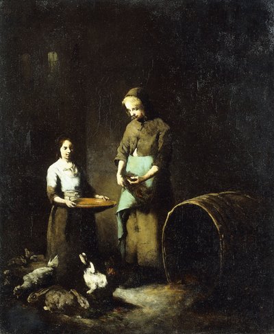 Fiatal parasztlányok istálló állatokat etetnek, alkotó: Auguste Theodule Ribot