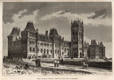 Az ottawai parlamenti palota, amelyet 1859 és 1876 között építettek, A.Deroy rajza nyomán metszett, amely a kanadai kirándulást és az északi vörös folyót illusztrálja, H. De Lamotte 1873-ban, megjelent a „” Le tour du monde””” 1875, Edouard szerkesztette alkotó: Auguste Victor Deroy
