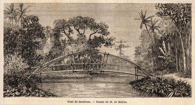 Bambuszhíd a dzsungelben, a Salak-hegy közelében. M. de Molins rajza jávai utazásának illusztrálására alkotó: Auguste de Molins
