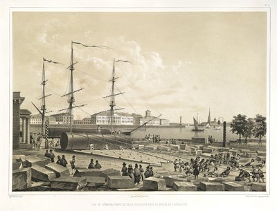 Két oszlop kirakása az Admiralitásnál innen: A Szent Izsák-székesegyház építése, 1845 alkotó: Auguste de Montferrand