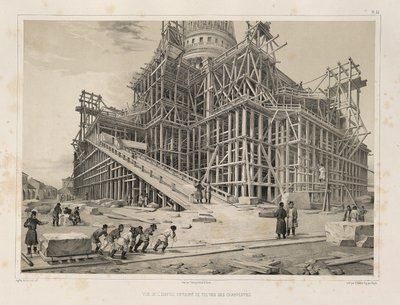 Kilátás a székesegyházra, fa állványzattal körülvéve innen: A Szent Izsák-székesegyház építése, 1845 alkotó: Auguste de Montferrand