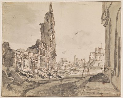 Kilátás a Grand Place északkeleti és északnyugati sarkára az 1695-ös bombázás után alkotó: Augustin Coppens