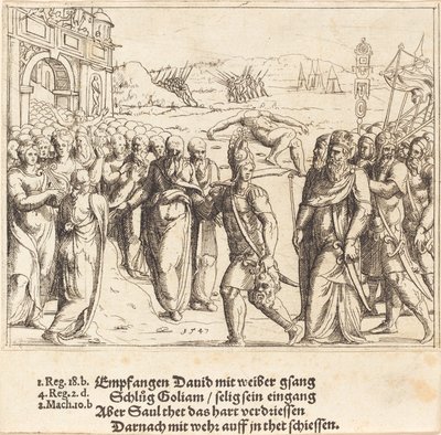 Dávidot üdvözlik Góliát megölése és Saul féltékenysége, 1547 után. alkotó: Augustin Hirschvogel