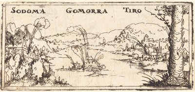 Táj három égő várossal: Szodoma, Gomorra és Tyrus. alkotó: Augustin Hirschvogel